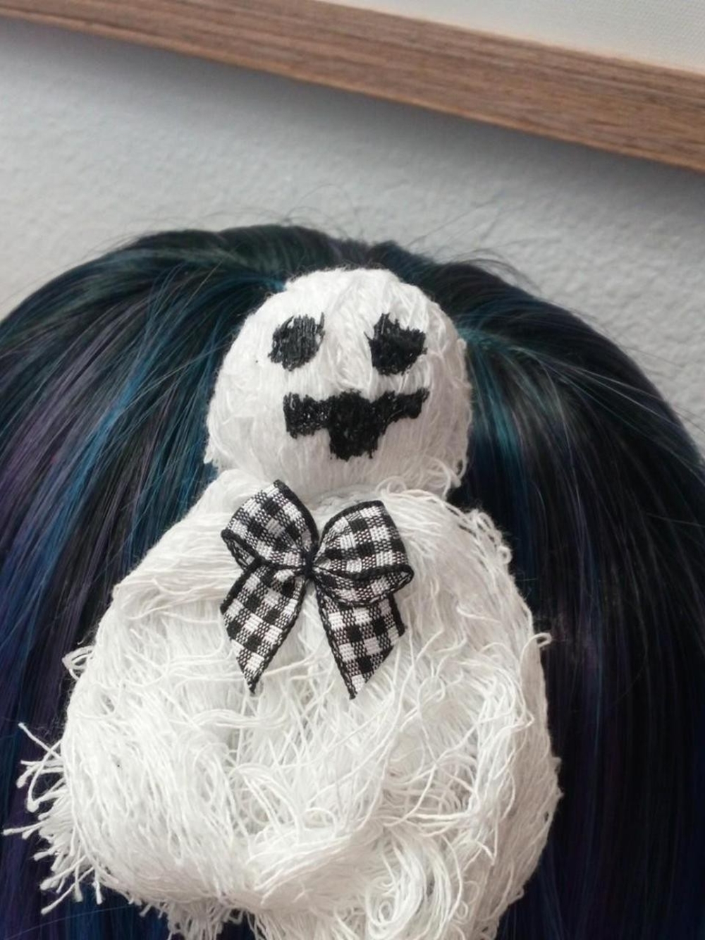 White Ghost Hair Clip with Black Plaid Bow